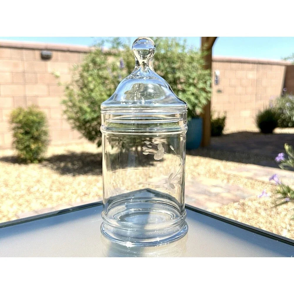 Princess House Heritage Crystal Glass Apothecary Jar w/ Lid Etched Glass 8 1/4